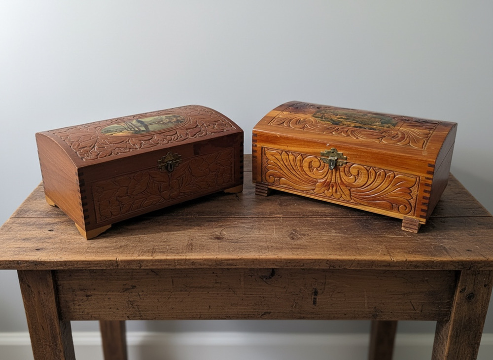 Vintage Hand Carved Cedar Trinket Jewelry Box Lot of 2 Glass Lid Wood Keepsake C
